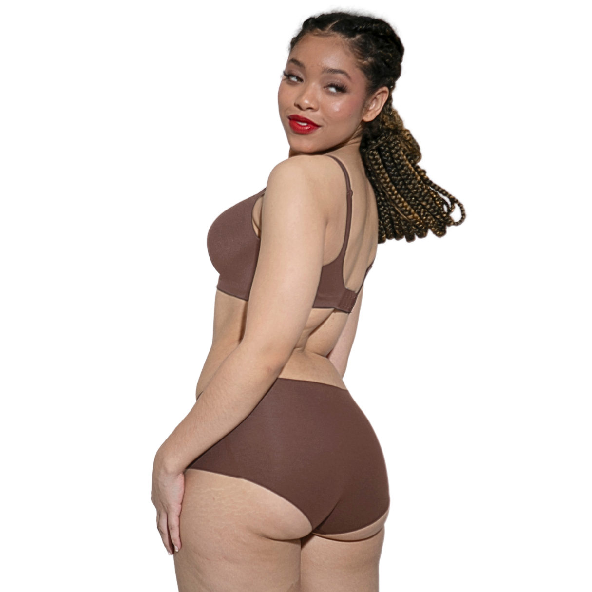 Women wearing organic cotton Mid Rise Bikini in colour coffee