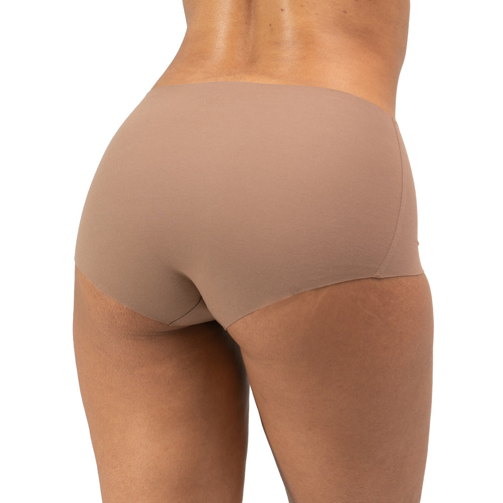 Women's organic cotton Mid Rise Bikini underwear in the color tan - back view