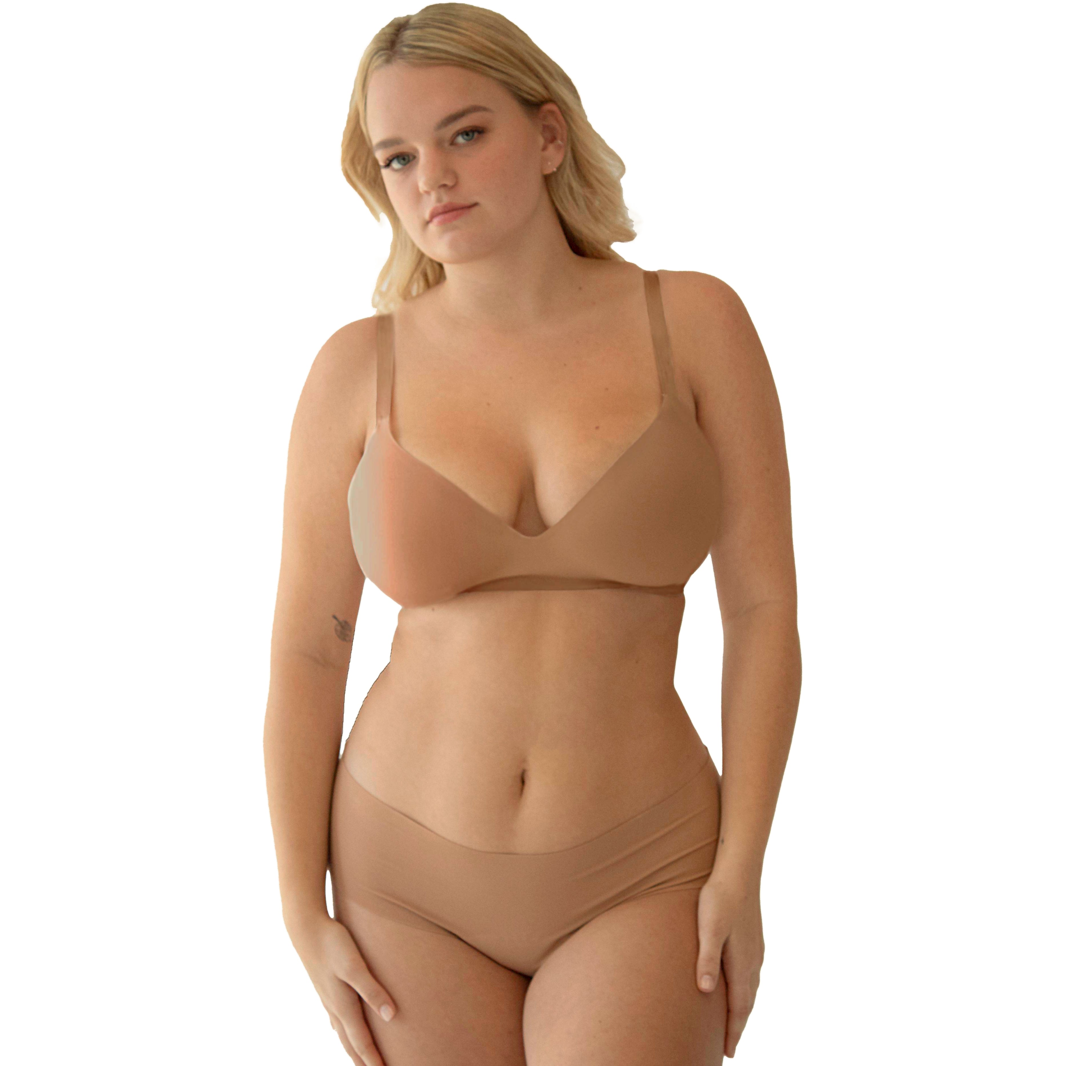 Women in wearing Organic Cotton Low Rise Hipster underwear in color Sand