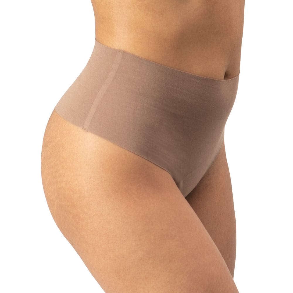 Women's Organic Cotton High Waist Thong seamless underwear in color Tan - Side View