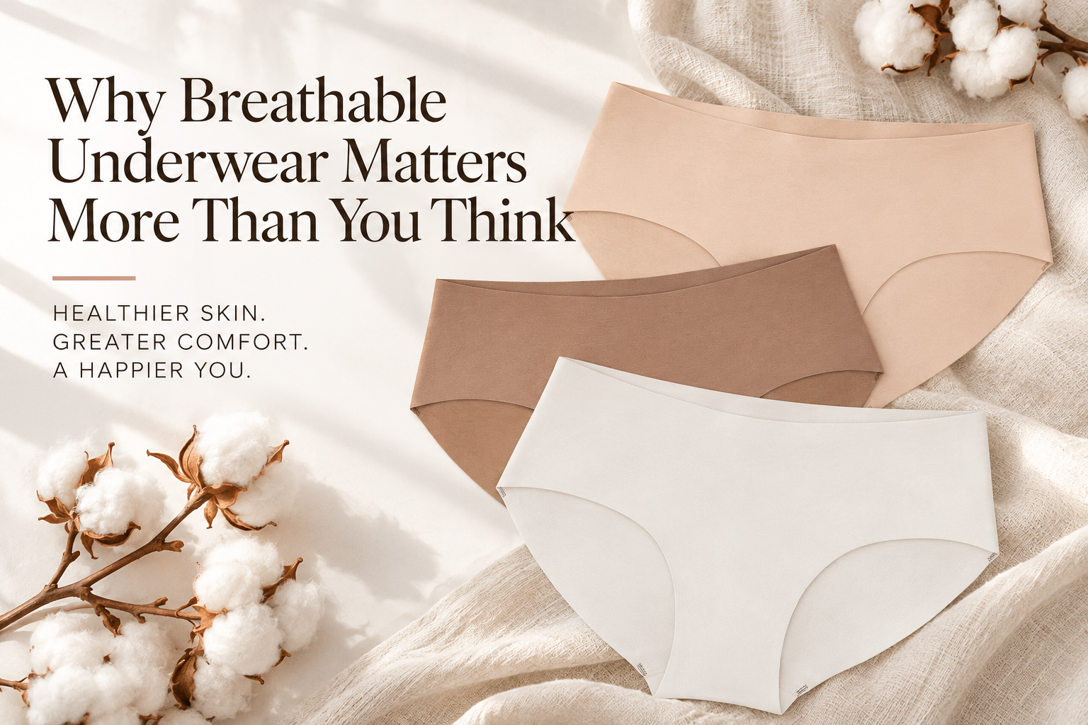 Panty Promise organic cotton underwear in Pale, Tan and White with cotton, illustrating why breathable underwear matters for women’s comfort.