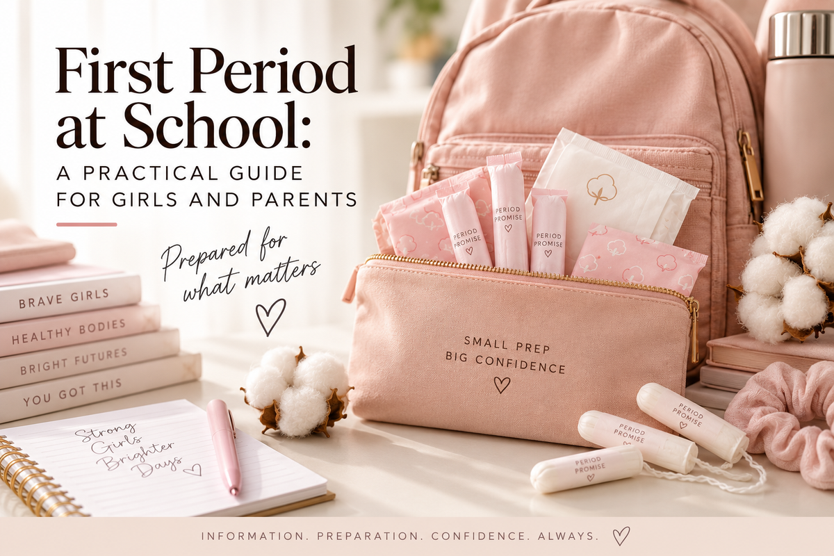 First period at school guide for girls and parents featuring a backpack, Period Promise tampons, pads and a period kit for school