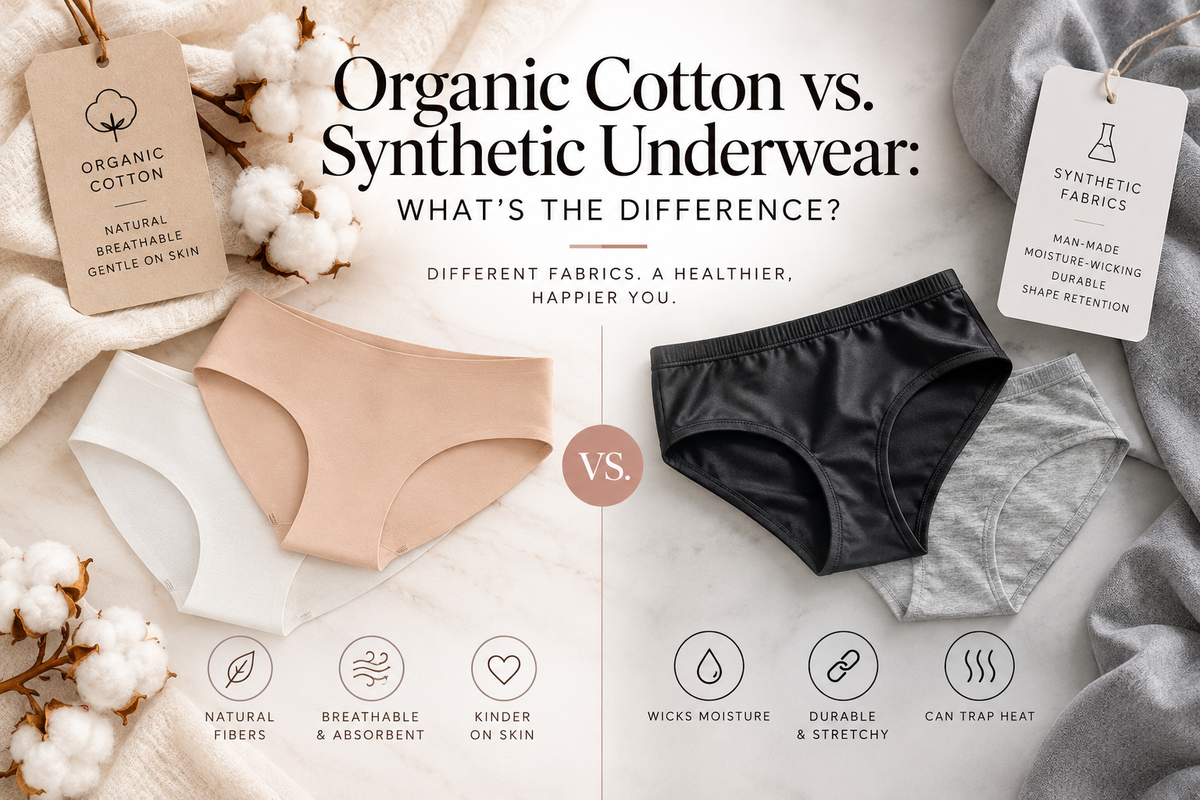 rganic cotton vs. synthetic underwear comparison showing breathable natural cotton fibers alongside synthetic fabrics and their different properties