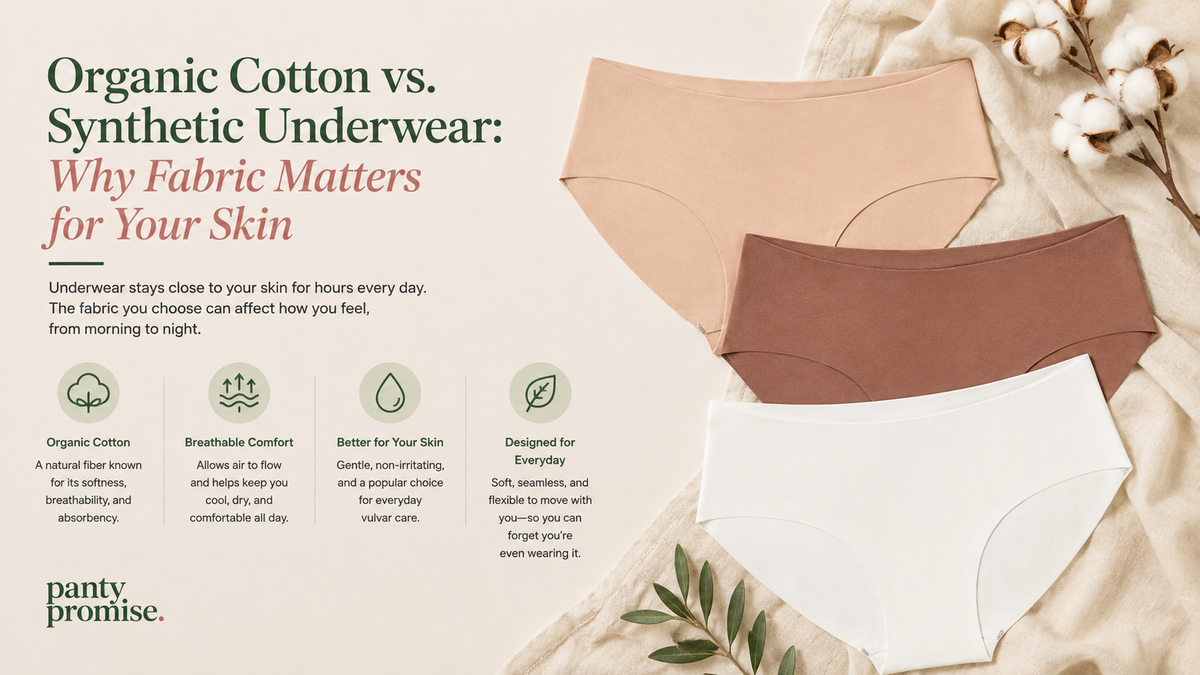 Panty Promise organic cotton seamless underwear in Pale, Tan and White, designed for breathable everyday comfort.
