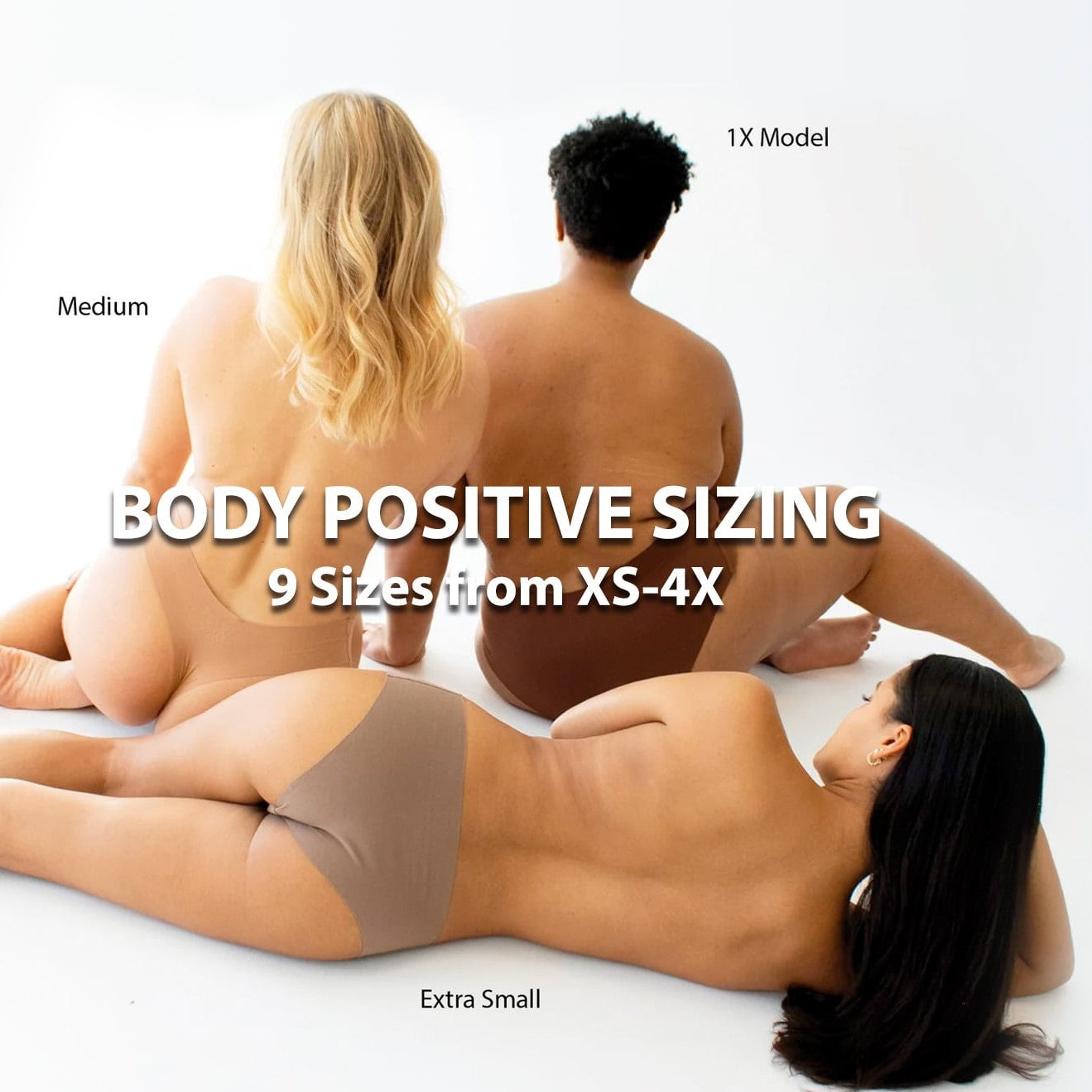 Three woman with three different body types wearing panty promise panties