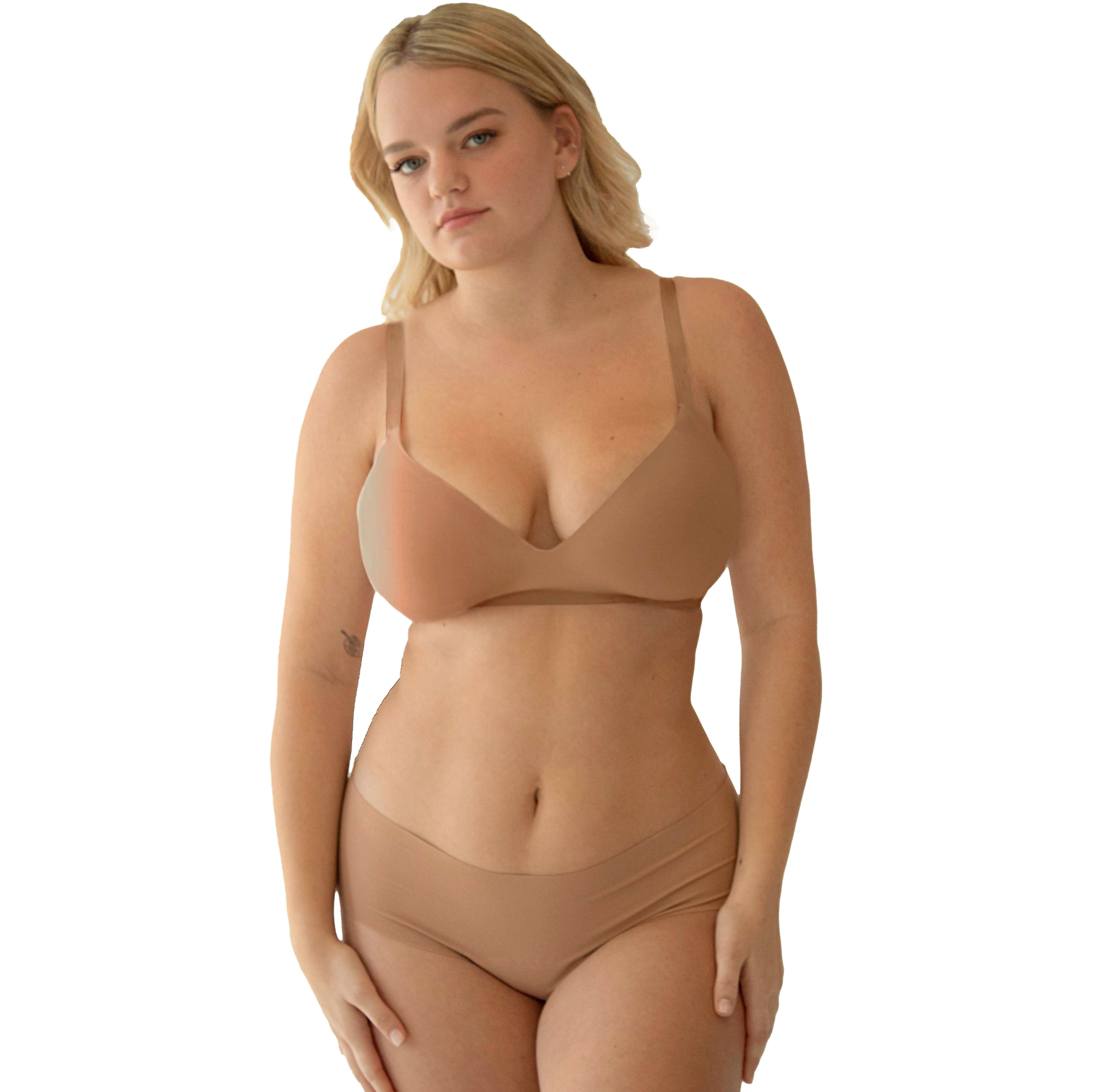 Women in wearing Organic Cotton Low Rise Hipster underwear in color Sand